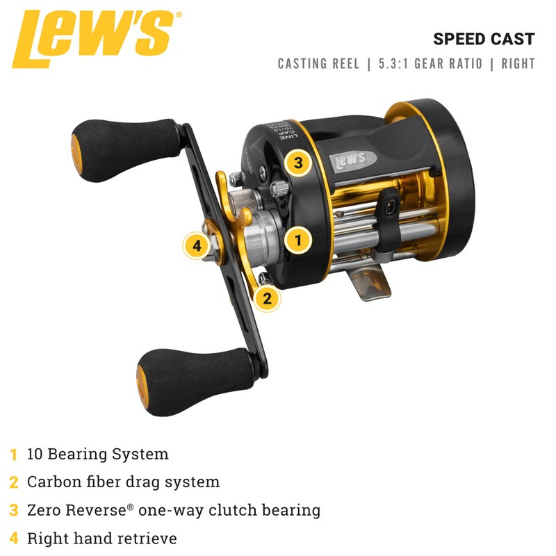 Lew's Speed Cast 5.3:1 Right Hand Casting Reel, Black/Gold - Image 2
